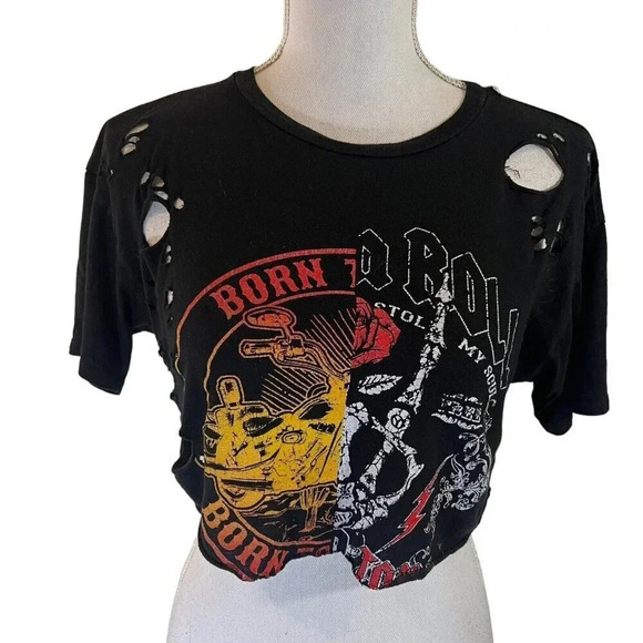 Windsor Crop Top Rock And Roll Distressed Holes Motorcycle Graphic Edgy Black - Picture 4 of 8